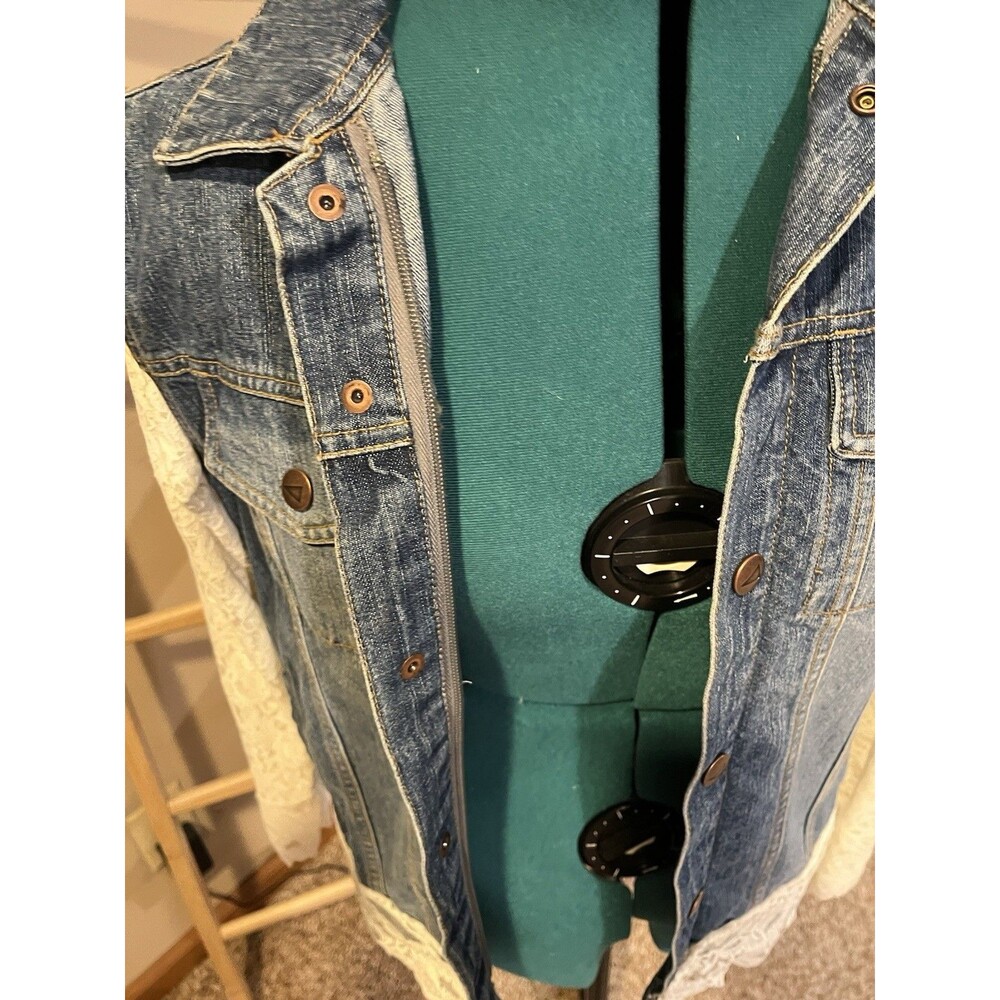 Upcycled Denim Jacket Lace Sleeves Handmade Boho Boutique Womens M - Picture 3 of 8